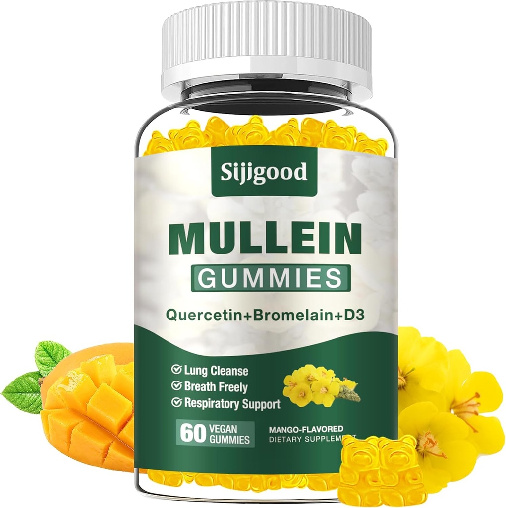 Mullein Gummies for Lungs, Mullein Leaf Extract Supplement for digestiv og respiratorisk og immun støtte med Bromelain, Quercetin, Mango Flavor, 60 greve