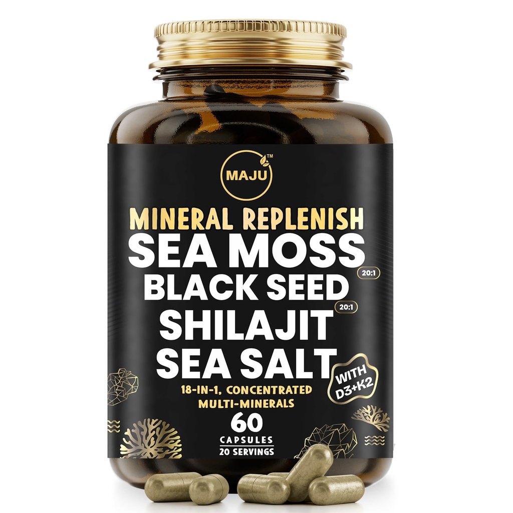 Maju Superfoods 18-i-1 sjø Moss, svart frø, shilajit, sjøsalt + D3 & K2, konsentrerte ekstrakter, spor Multi Mineral Kapsler, for menn og kvinner Mineral Electrolytes Supplements