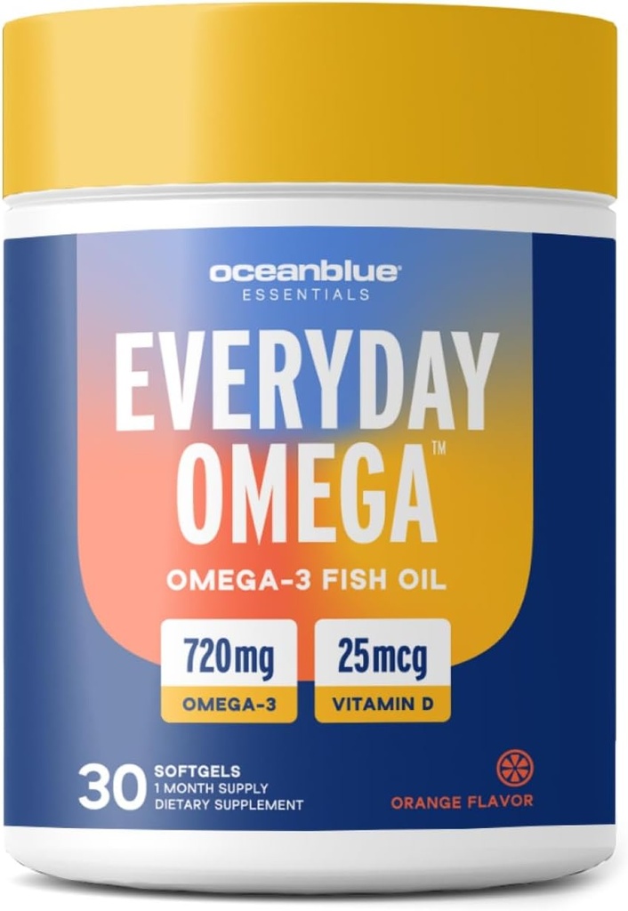 Oceanblue Omega 3 Supplement for kvinner | Burpless Fish Oil 720mg med vitamin D3 | hjerte immun støtte, Molekylært destillert oransje flavor (30 greve en omega)