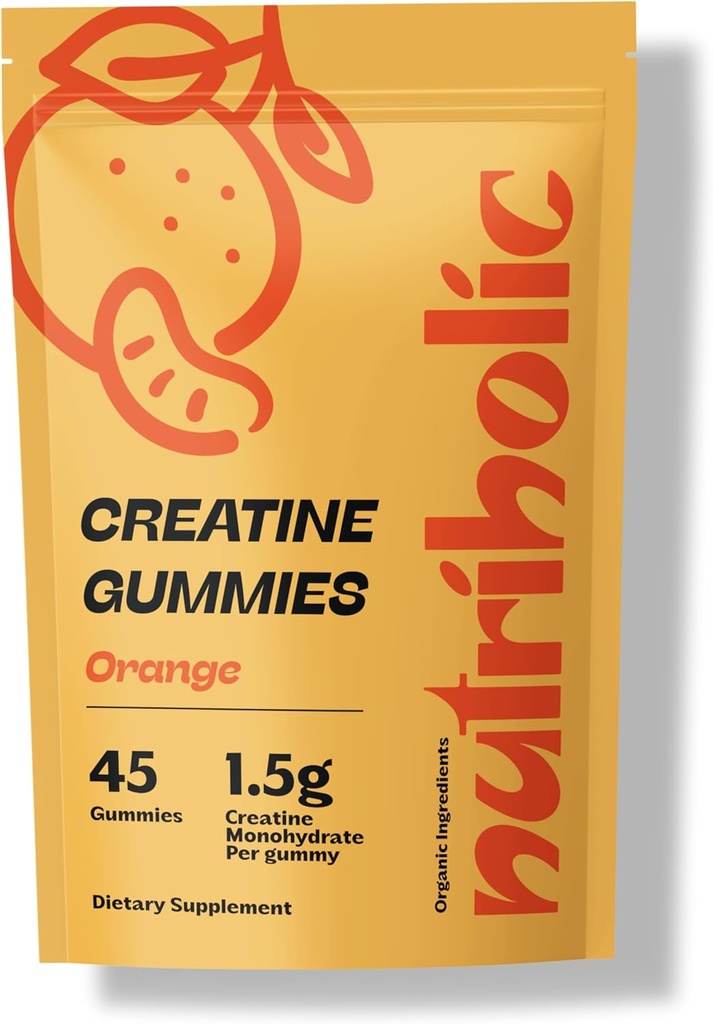 Kreatin Monohydrat Gummies for menn og kvinner - Lett å Digest, Vegan, Glutenfri, Ikke-GMO, 1,5 g kreatin per gummy - 45ct (45 greve, oransje)