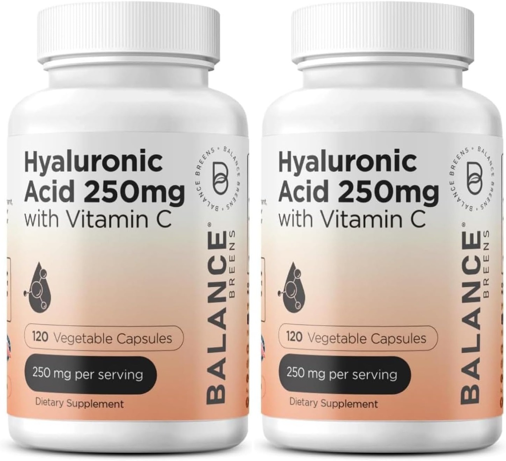 Pure Hyaluronsyre Supplement 250mg med vitamin C 50mg, 120 Vegan Capsules - Hudhydrasjon for naturlig glød, hår, negler, bein og felles helse formel