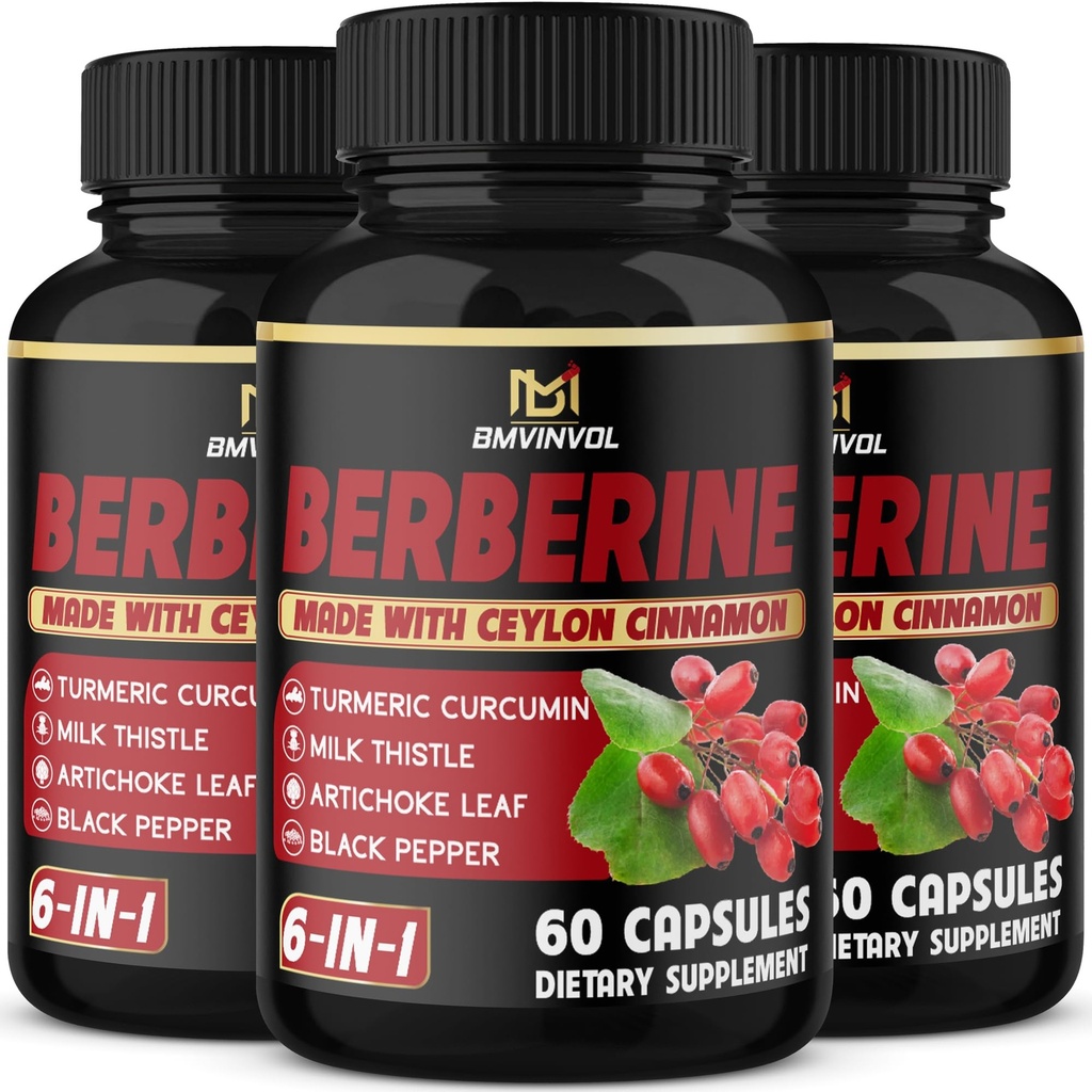 (3 pakker) Berberine Supplement Plus Ceylon Cinnamon, Melke Thistle, Turmeric, Artichoke Leaf, Black Peppe - 6 måneders forsyning - 180 kapsler Totalt