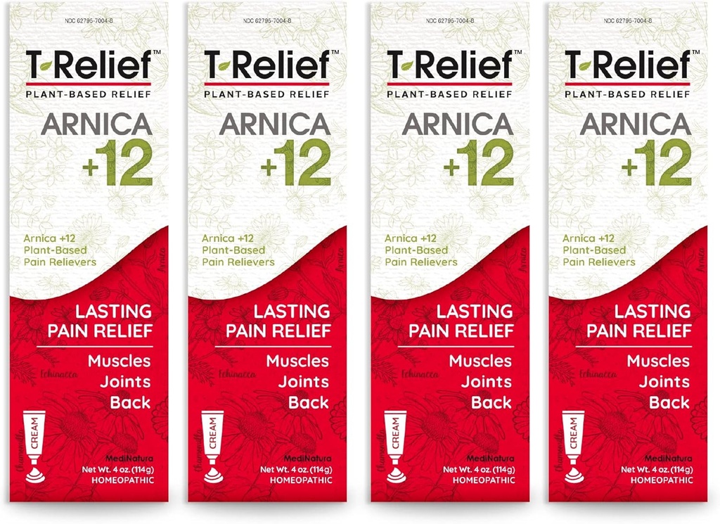 T-Relief Arnica + 12 krem naturlig lindring aktiver for ryggsmerter felles sorg muskelverk og stivhet, hele kroppen rask fungerende relief for kvinner og menn - 4 oz (4 pakke)