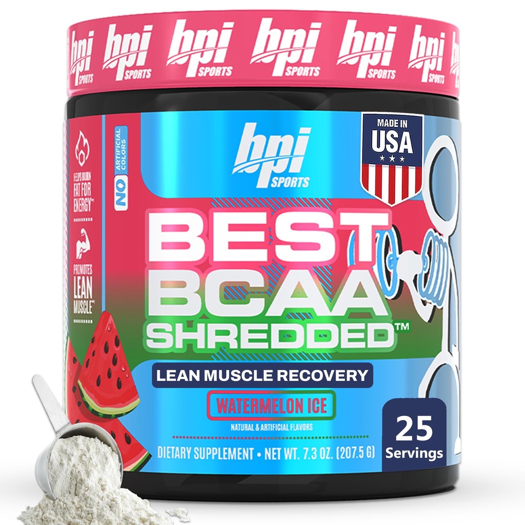 BPI Sports Best BCAA Shredded - Koffein gratis termogen gjenoppretting drikke, Lean Muscle Building BCAA pulver for kvinner og menn, preworkout BCAA Aminosyrer drikke-vannmelon ICE - 25 Services