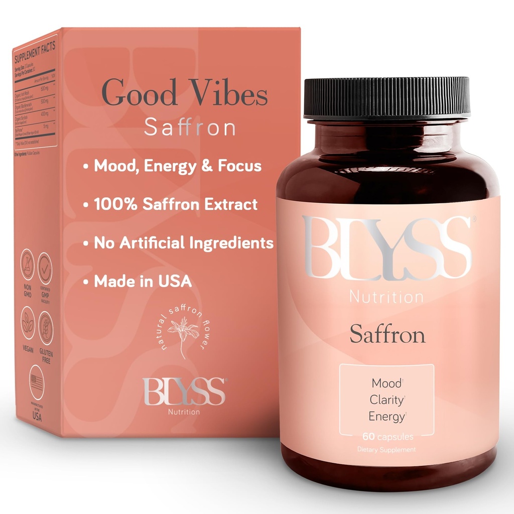 Saffron Supplements – Saffron Extract piller for kvinner – Støtte Mood, Energi Boost, PMS, Mental klarhet og metabolisme - Ikke-GMO, Glutenfri, 60 Vegan Kapsler