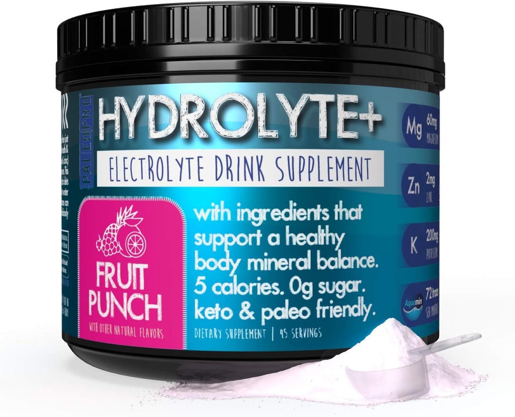 Paleo Pro HYDROLYTE + Electrolyte pulver drikk blanding, Hydration Supplement, 0g sukker, 1g karbohydrat, keto og paleo vennlig, 45 serveringer, ingen kunstige ingredienser (Fruit Punch)