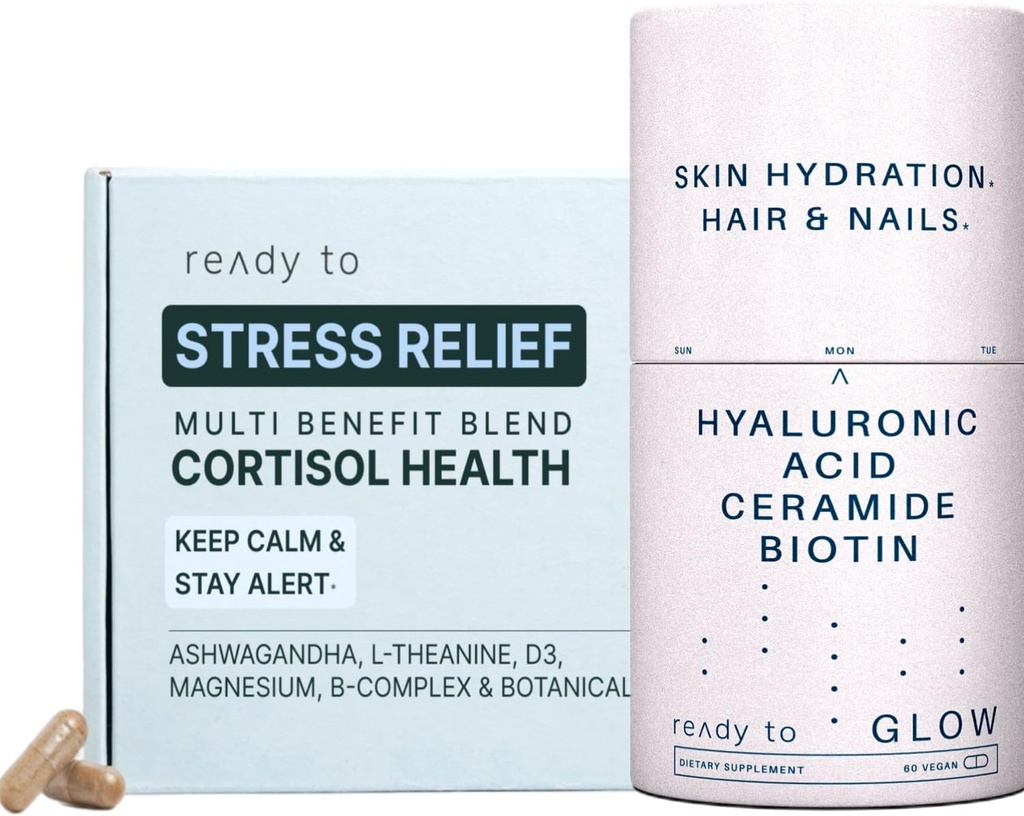 Hud & Stress Relief Set | Cortisol Helse & Anti-Aging Kosttilskudd med Ashwagandha, Hyaluronsyre, Ceramider, Biotin & Antioksidanter | Rolig, Hud og hår støtte