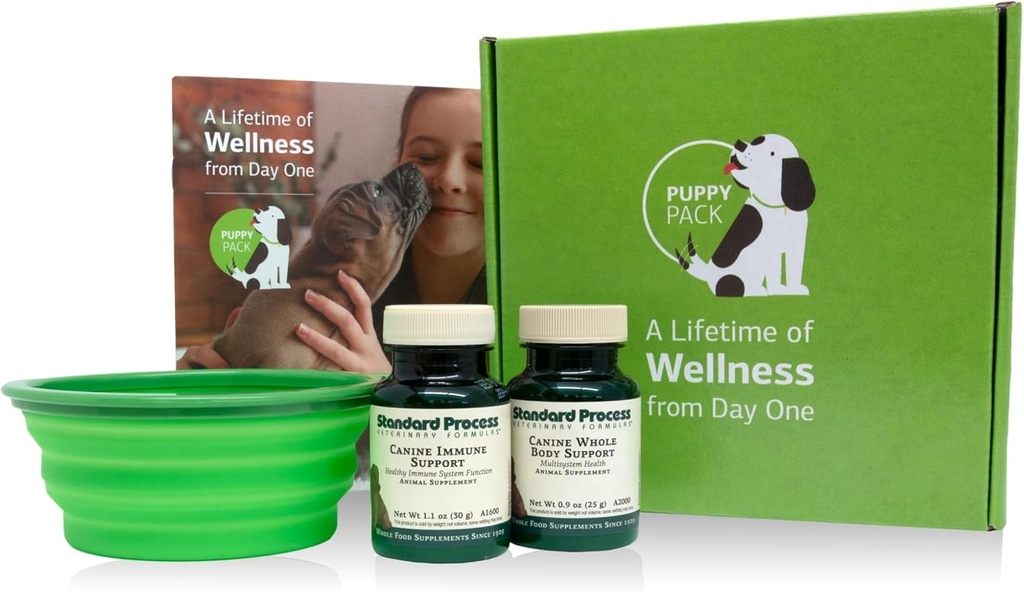Standard prosess valp pakke - Canine immune og hel-Body støtte pulver kosttilskudd - valp støttesett med Canine hele kroppen støtte & Canine immunsystem støtte - Inkluderer sammenleggbar vann bowl
