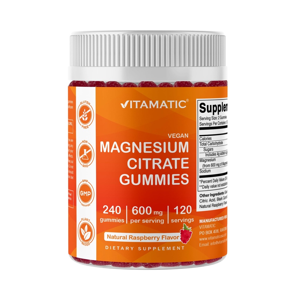 Vitamatisk Magnesium Citrat Gummies 600 mg per servering - 240 Vegan Gummies - Naturlig bringebær Flavor - høy absorpsjon Magnesium Supplement - støtter Nerve, Bein og Muskel helse