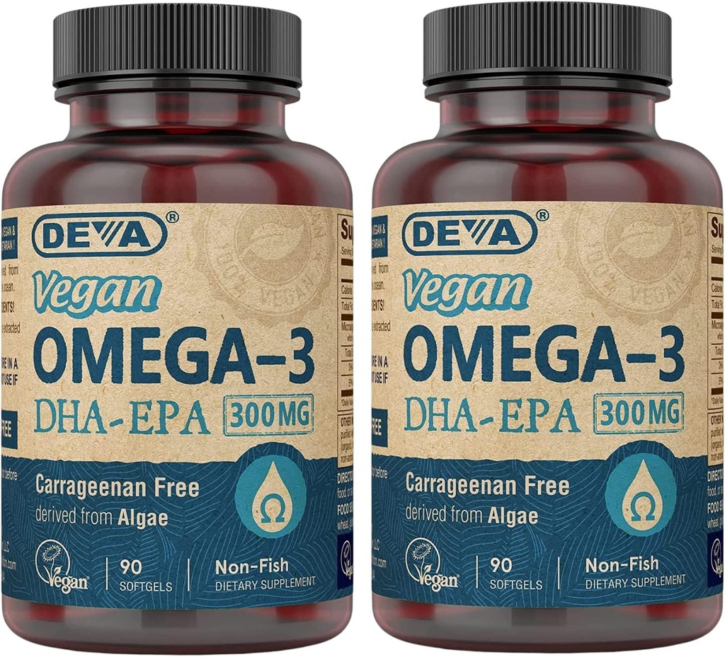 DEVA Vegan DHA-EPA Næringstilskudd, ikke-fish avledet fra Algae, 300 mg Potens, 90 vegetariske Softgels - Pakke med 2