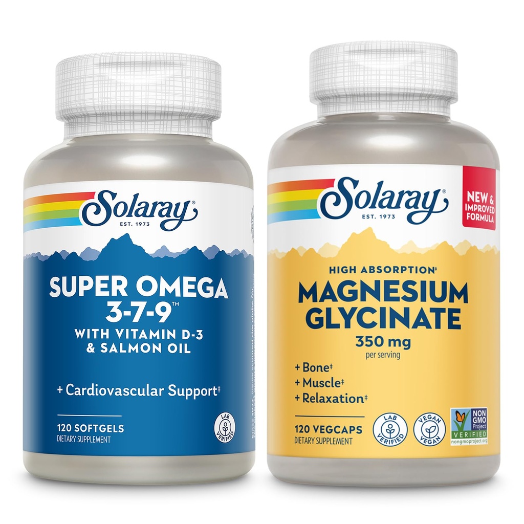 SOLARAY Super Omega 3, 7, 9 og Magnesium Glycinate Bundle - essensielle fettsyrer og chelatert magnesium Gisglykinat for sunn hjerte, bein og avslappende støtte - 120 Softgels, 275 Vegkaps
