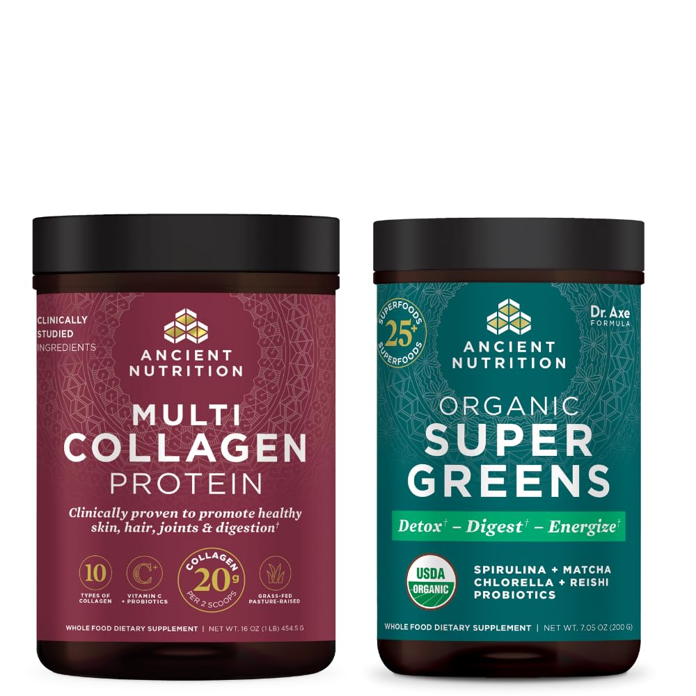 Gamle Ernæring Organic SuperGreens pulver, 25 serveringer + Multi kollagen Protein Powder, Unflavored, 45 Serveringer