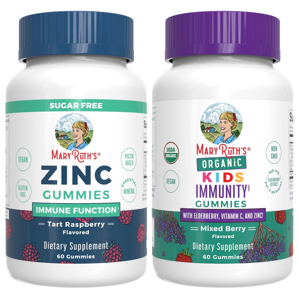MaryRuth Organics Sink (Tart Raspberry) & Kids Immunitet Gummies (Mixed Berry) | Clean Label Project Verifisert | Vitaminer for immunitet og generell helse | Vegan, ikke-GMO, Ingen Gelatin