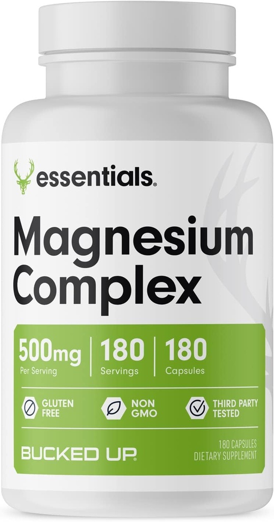 Magnesium Supplement 500mg Kapsler Magnesium Kompleks med glycinat, Citrat og Oxid | 3 Aktive former for magnesium | Enkel på magen | laget i USA | Bucked Up Essentials (180 Serveringer)