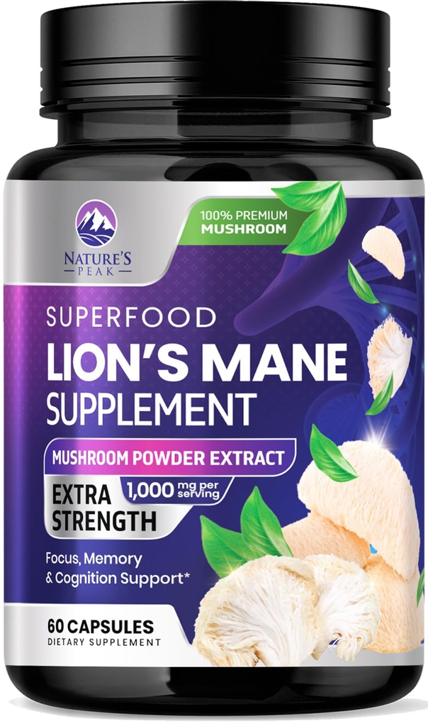 Lions Mane Mushroom Capsules 10.000mg - Lions Mane Supplement Capsules for minne og fokus støtte, hjerne, immun helse støtte, vegansk, flaske i USA, Lions Mane Mushroom Powder Extract, 60 greve