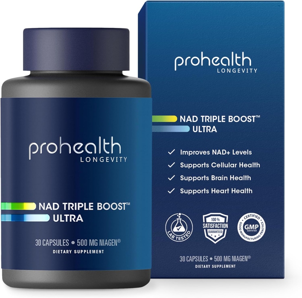 ProHealth NAD Triple Boost Ultra + 500 mg Niagen NR. 3X NAD + Optimizer Plus Apigenin, PQQ, Quercetin. Fremmer langvarighet, hjerte og hjerne helse, aktiverer sirtuiner for Cellular Repair (30 Services)
