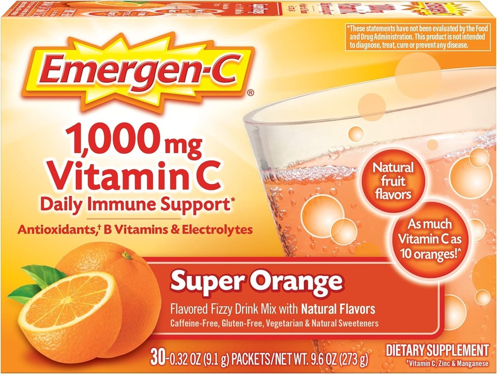 Emergen-C 1000mg vitamin C pulver for daglig immun støtte koffein gratis vitamin C kosttilskudd med sink og manganesisk, super orange flavor - 30 greve
