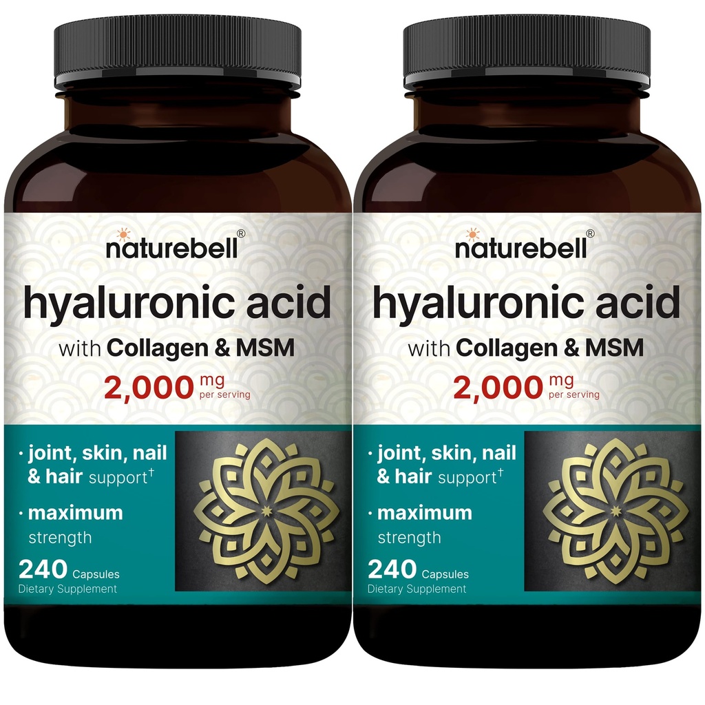 NatureBell 2 Pack Hyaluronsyre Supplements 2.000 mg | 480 Total Capsules, med MSM & Hydrolysert Bovine kollagen – 3 i 1 Støtte for hudhydrasjon, felles smøring, hår og øye helse