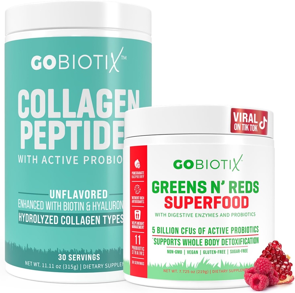 GOBIOTIX Super Greens & Collage Bundle - Vitality Boost med økologisk Spirulina & hår-Skin-Nails Support - 30 Services Hver