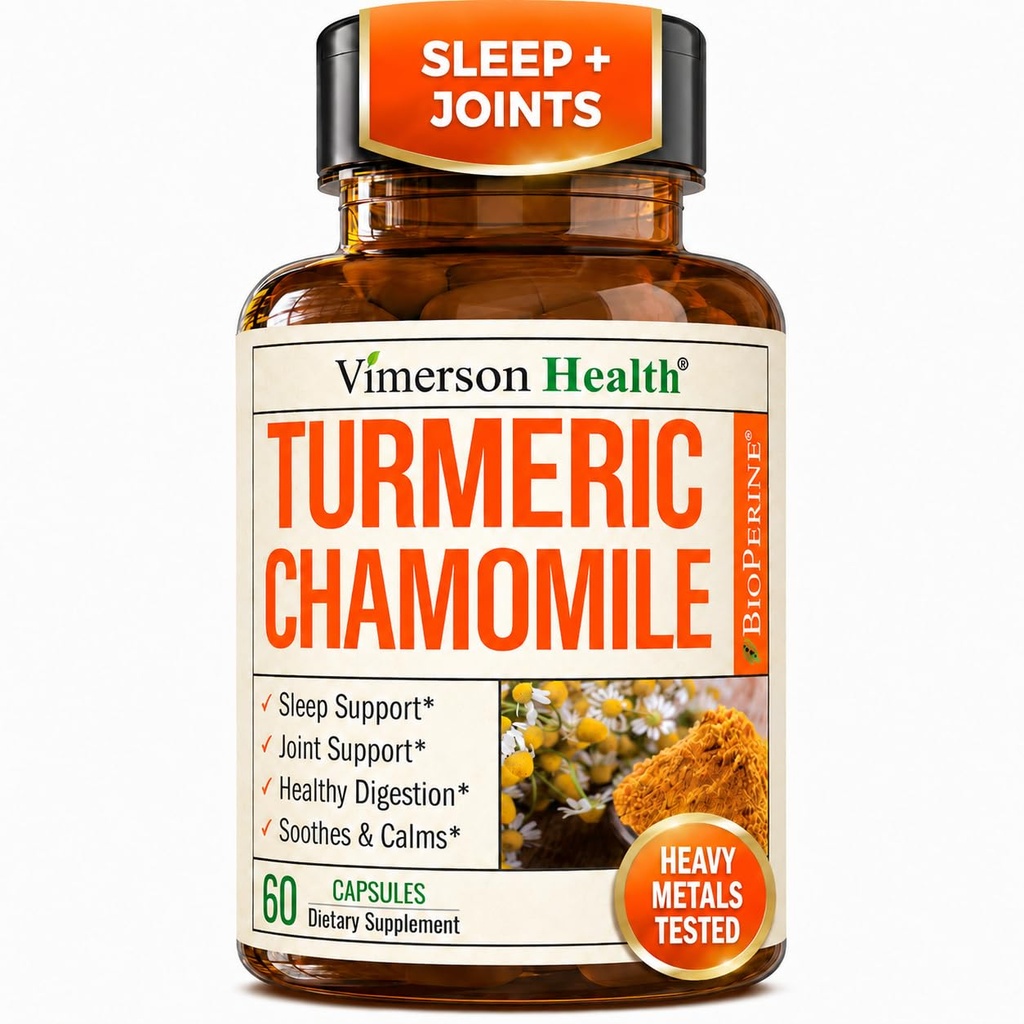 Turmerisk Supplement & Kamille Kapsler for søvn - Økologisk turmerisk søvn Supplement med kamille Blomster Ekstrakt (Manzanilla) - Relaxation & Stress Support - Felles & Digestive Helse. 60 Kapsler