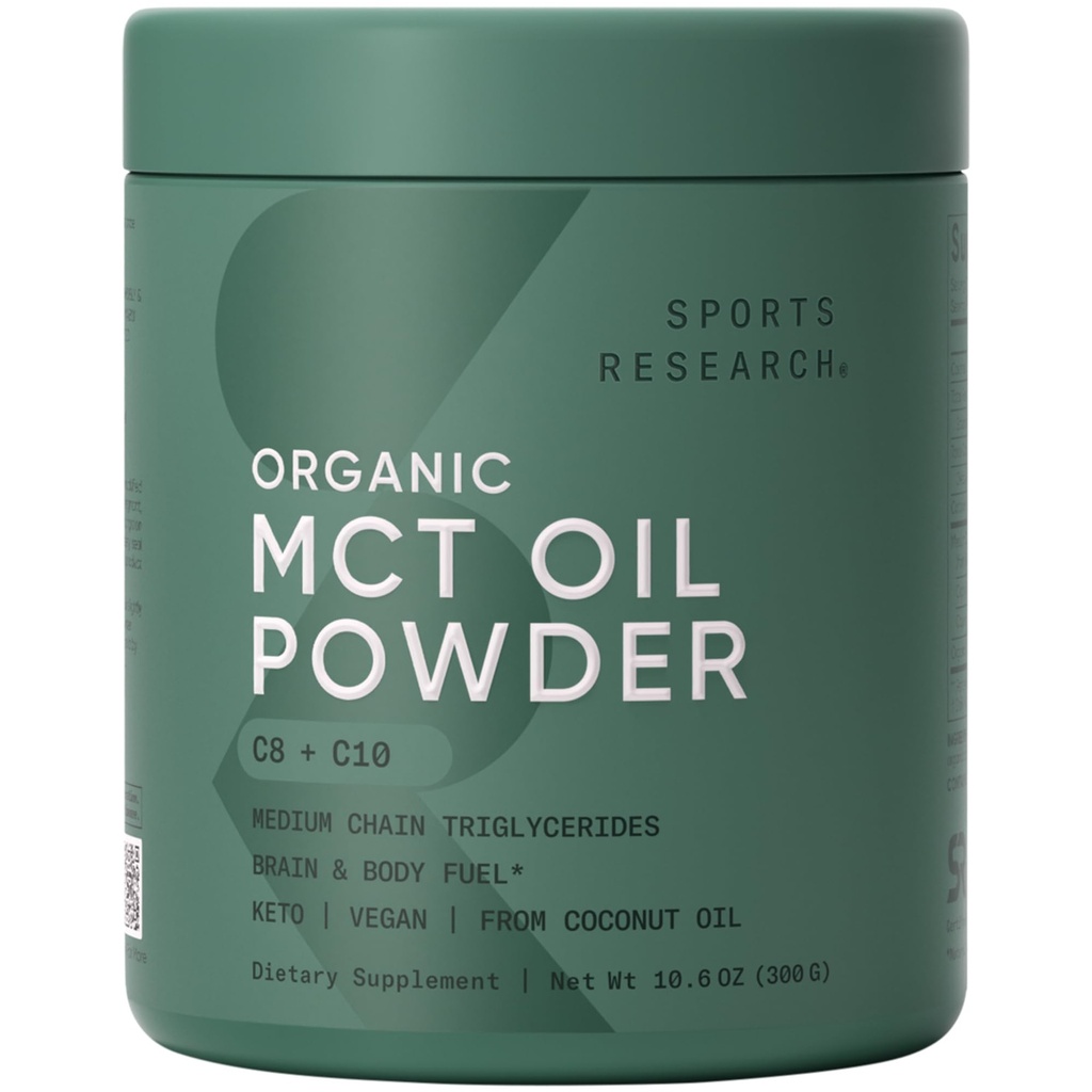 Sportsforskning Økologisk MCT oljepulver - Keto & Vegan MCTs C8, C10 fra kokosnøtter - fettsyre Hjerne & Kropps brensel, ikke-GMO & Glutenfri - Uslavorert, Perfekt i Kaffe, Te & Protein Skaker - 10,6 oz