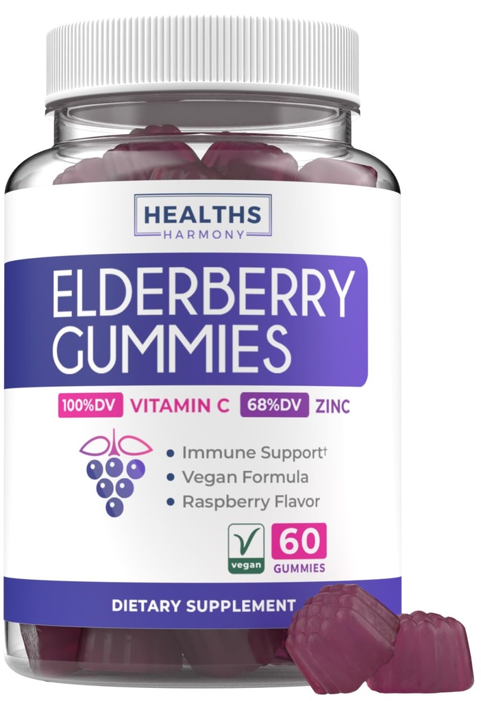 Vegan Sambucus Elderberry Gummies for voksne - Svart Elderberry Vitamin C og sink Gummies for daglig og sesongmessig velvære - Delicious og næringsrik immunstøtte Gummy (1 måneds forsyning)