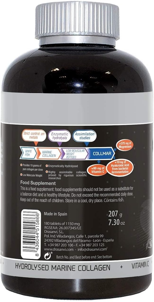 Drasanvi (2 pakke) COLLMAR Hydrolysert Marine kollagen med magnesium 180 tabletter - for sunn hudkartlaging, ben og muskler