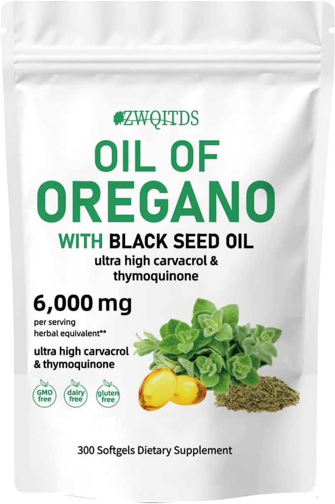 Olje av Oregano med svart frøolje 2-i-1 softgels 6000mg 300 Count Non-GMO Immune Support Herbal Formula