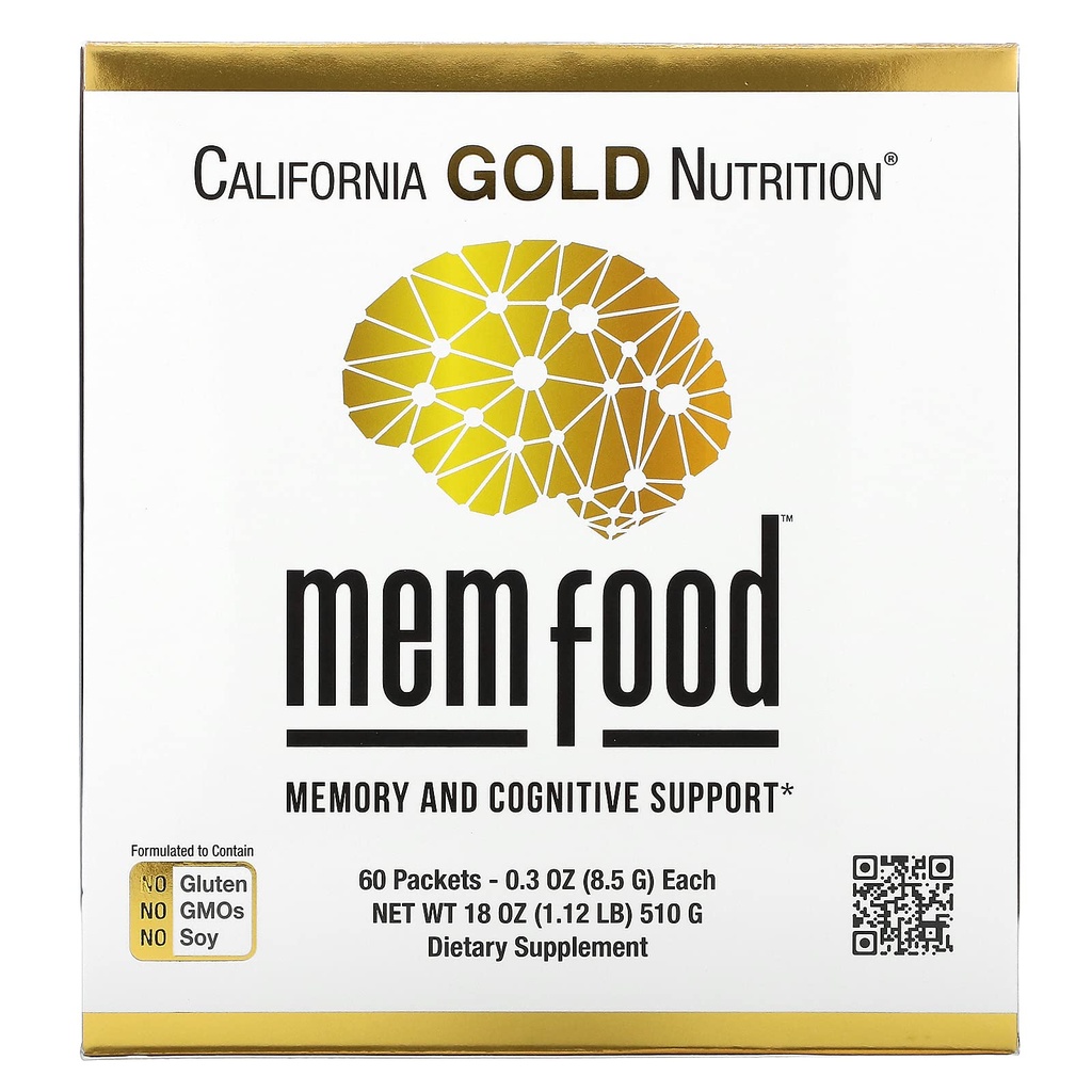 California Gold Nutrition MEM Mat, minne og kognitiv støtte med MEM Blanding, L-Serine, Organic Lion's Mane og Blueberry Juice pulver, 60 pakker, 0,3 oz (8,5 g) Hver