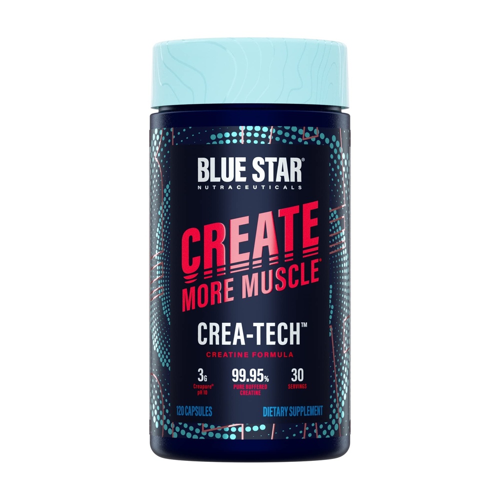 Blå stjerne Nutraceuticals CREA-TECH - Kreapure Creatine Monohydrat - w/Electrolytes. Kreatin + Electrolytes Kapsler - Bygg muskler og øke styrke | 30 dagers forsyning - 120 Veggie Kapsler
