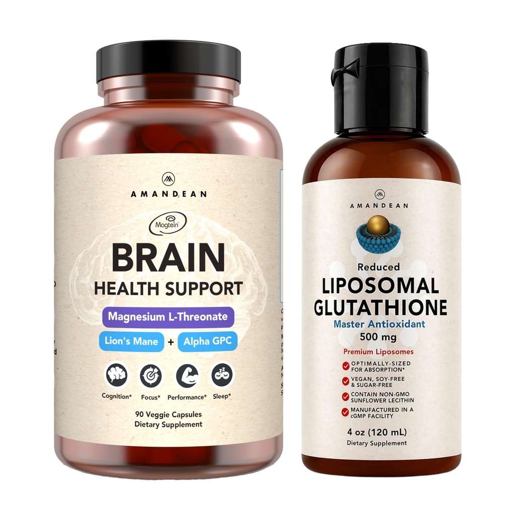 AMANDEAN Premium Hjerne Helse Supplement & Liposomal Glutathione Bundle. Triple Formula med magnesium L-Treonate, USA-Grown Organic Lion's Mane 6:1 ekstrakt, og Alpha-GPC.
