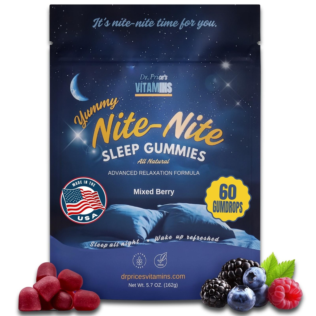 Dr. Price Sleep Gummies for voksne – 3 mg Melatonin, L-Theanine, GABA & Herbal Blanding – Blandet Berry Flavor, Glutenfri søvnhjelp – 60 greve
