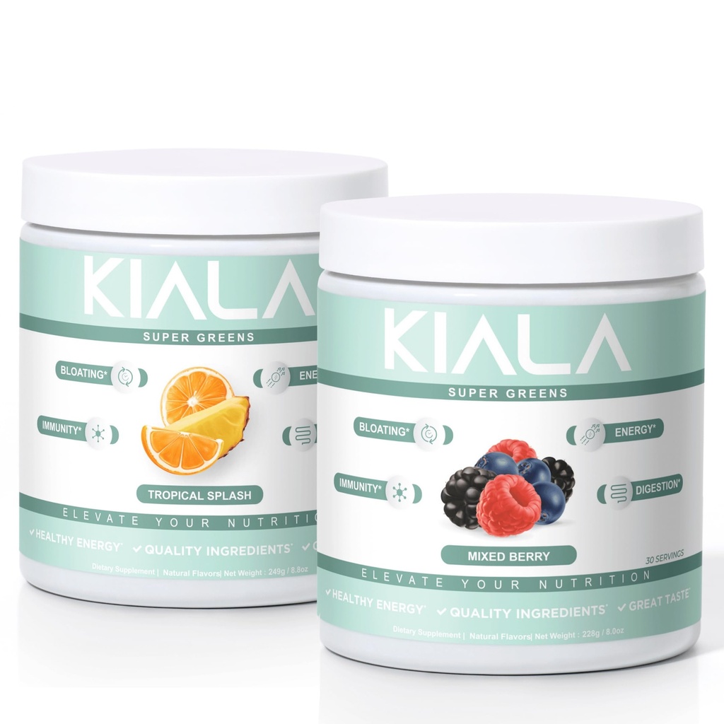 Kiala Ernæring Super Greens, Organisk Grønn pulver, Spirulina & Klorella Superfood pulver, Sukker & Glutenfri Vegan, Spectra Blande, Tropisk Slush, Blandet Berry 2 Pack