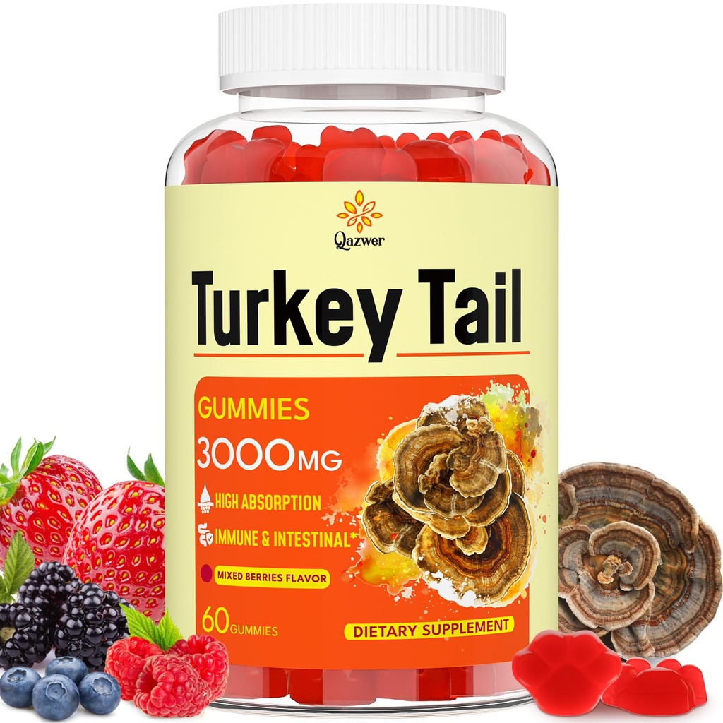 Tyrkia Tail Mushroom, Tyrkia Tail (100% Fruiting Body, 40% Beta Glucans) legger Black Pepper, Mushroom Gummies for Gut, Energi, Hjerne & Immun Support, Blandet Berries Flavor, Vegansk, Ikke-GMO, 60ct