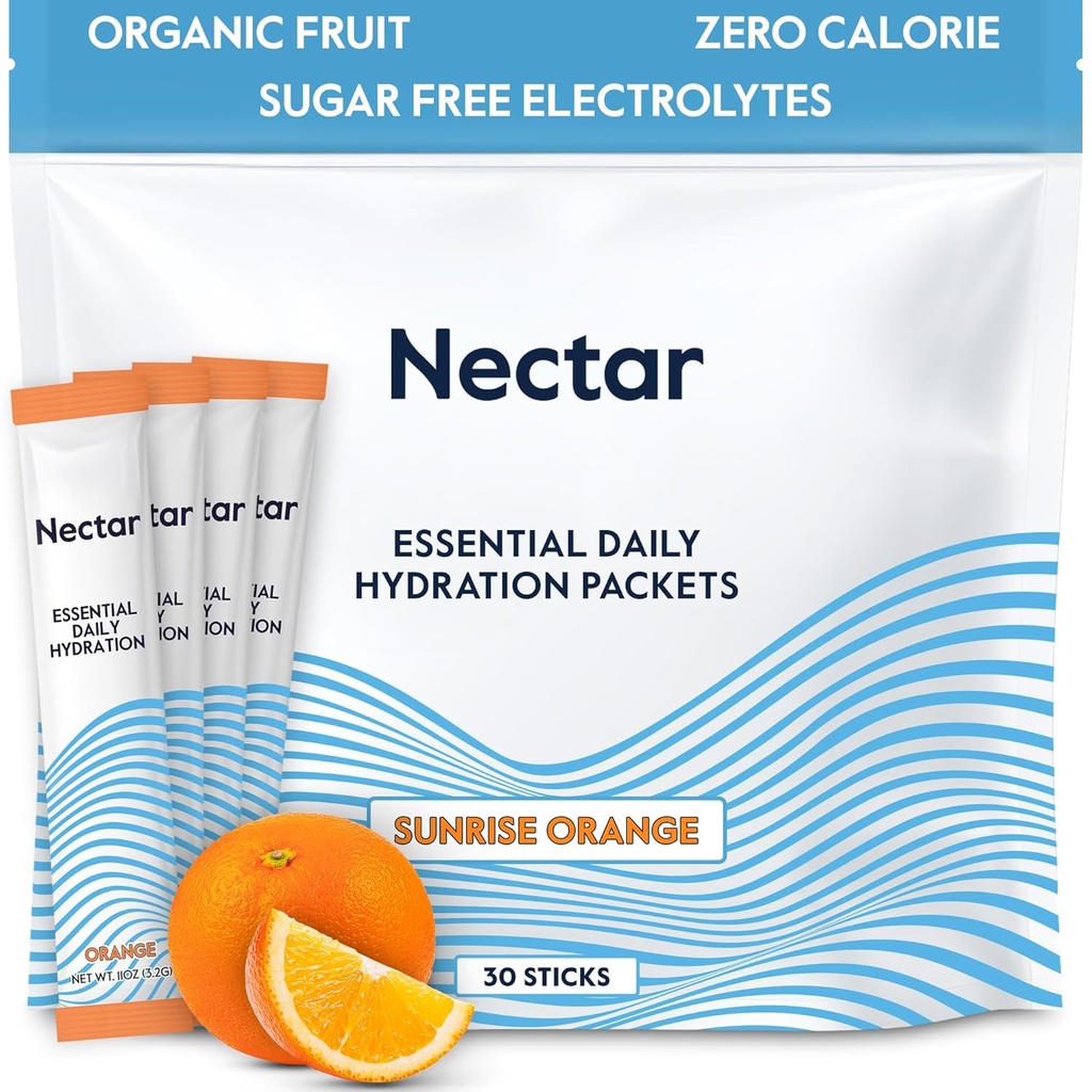 Nectar Hydration Packets - Electrolytes pulver pakker - Ingen sukker eller kalorier - organisk frukt flytende daglig IV Electrolytes pulver for dehydrering relief og rask hydrering (Orange 30 Pack)
