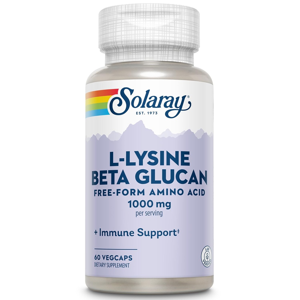 SOLARAY L-Lysine med Beta Glucan, gratis form aminosyre, L-Lysine 1000mg kapsler, immunstøtte supplement, sunn hud og lepper støtte, 60-dagers garanti, Lab verifisert, 30 serveringer, 60 Vegkapsler