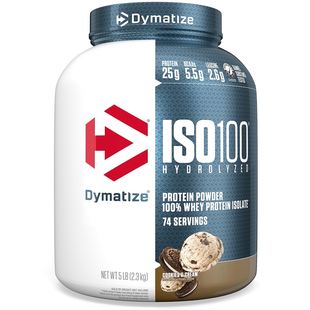 Dymatisere ISO100 Whey Protein pulverisolate, informasjonskapsler og krem, 25g protein, 5 pund, 5,5 g BCAA, mindre enn 120 kal., Glutenfri, 1g fett, 1g sukker, 2g karbohydrater (74 serveringer)