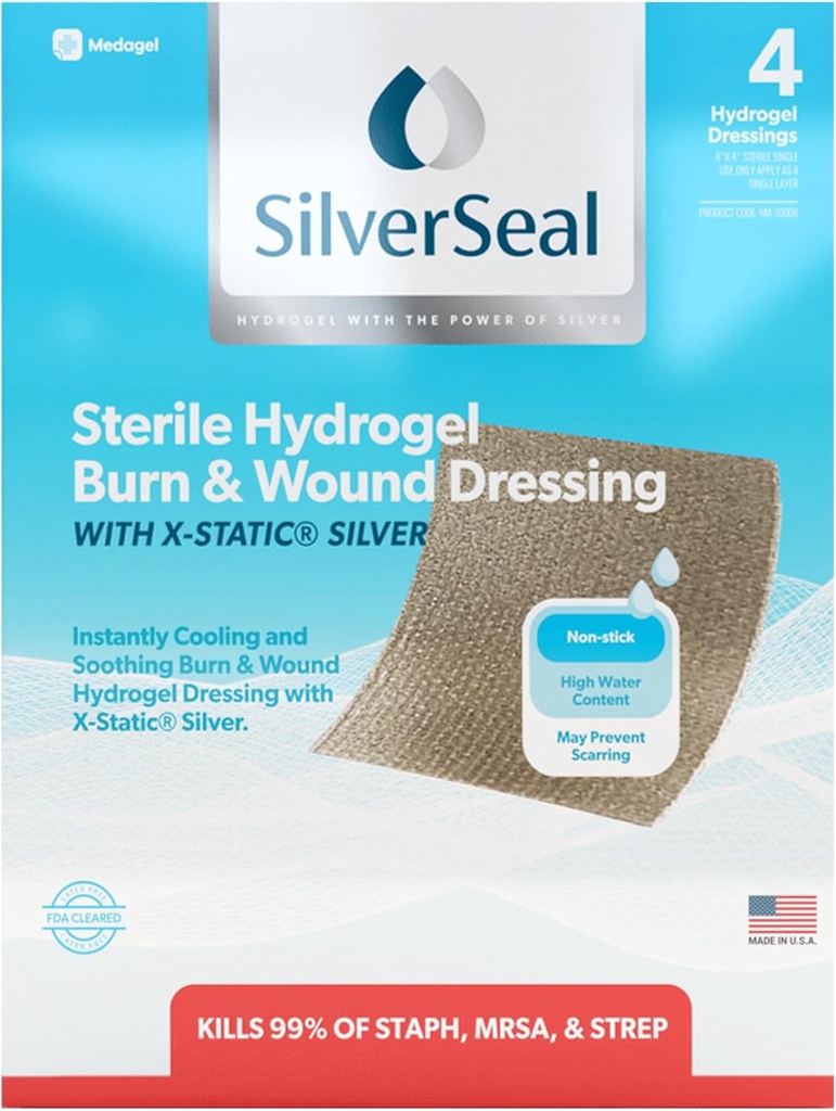 SilverSeal Burn og sår Dressing | Hydrogel Pads med X-Static Silver | Soothing, Moist & Beskyttende | Burns, Cuts & Sår | 4 Steril kjoler