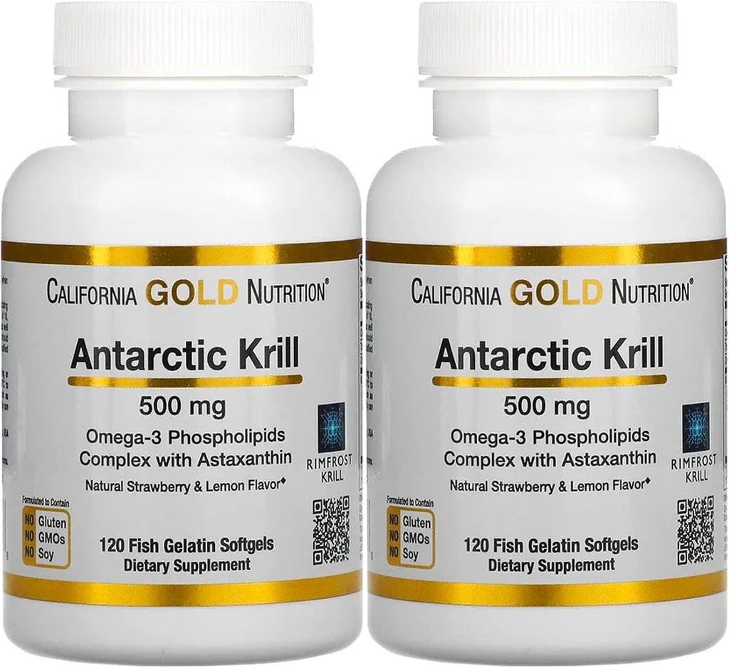 California Gold Nutrition Antarctic Krill olje, Ultra-høy Omega-3 med Astaxanthin, Naturlig Strawberry & Lemon Flavor, Ikke GMO, Glutenfri, 500 mg, 120 Fish Gelatin Softgels, 2 pakke