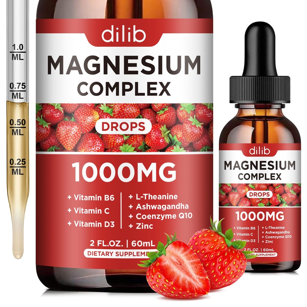 Triple Magnesium Complex Supplement, Magnesium Glycinat, Blande, Citrat flytende dråper 1000mg med Ashwagandha, CoQ10, Vitamin B6, C, D, Sink -Support Calm Stress Relief, Bein, Muskel, Mood Vegan