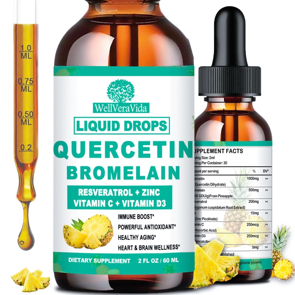 Quercetin med Bromelain flytende dråper, 4X sterkere enn kapsler og piller, 7-i-1 organisk sink Quercetin 1000mg med Bromelain 500mg vitamin C D3 immun støtte for pustende helse og antioksidant