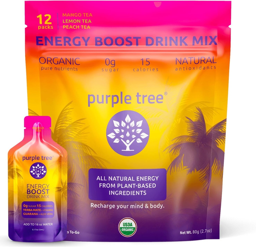lilla tre organiske energi klistremerke pakker - null sukker, 80 mg naturlig kaffe fra Yerba Mate & Guarana, med B12 vitaminer for glatt, krus-fri energi - sitron iced te Flavor, 12 til-Go pakker
