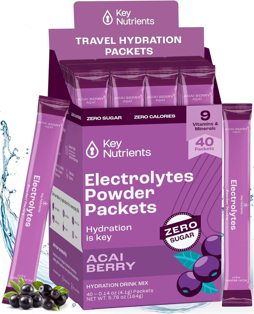 KEY NUTRIENTS Multivitamin elektrolytter pulverpakker - Delicious Acai Berry 40 Pack Hydration Packets - Reise Hydration pulver - Ingen sukker, ingen kalorier, Glutenfri - laget i USA