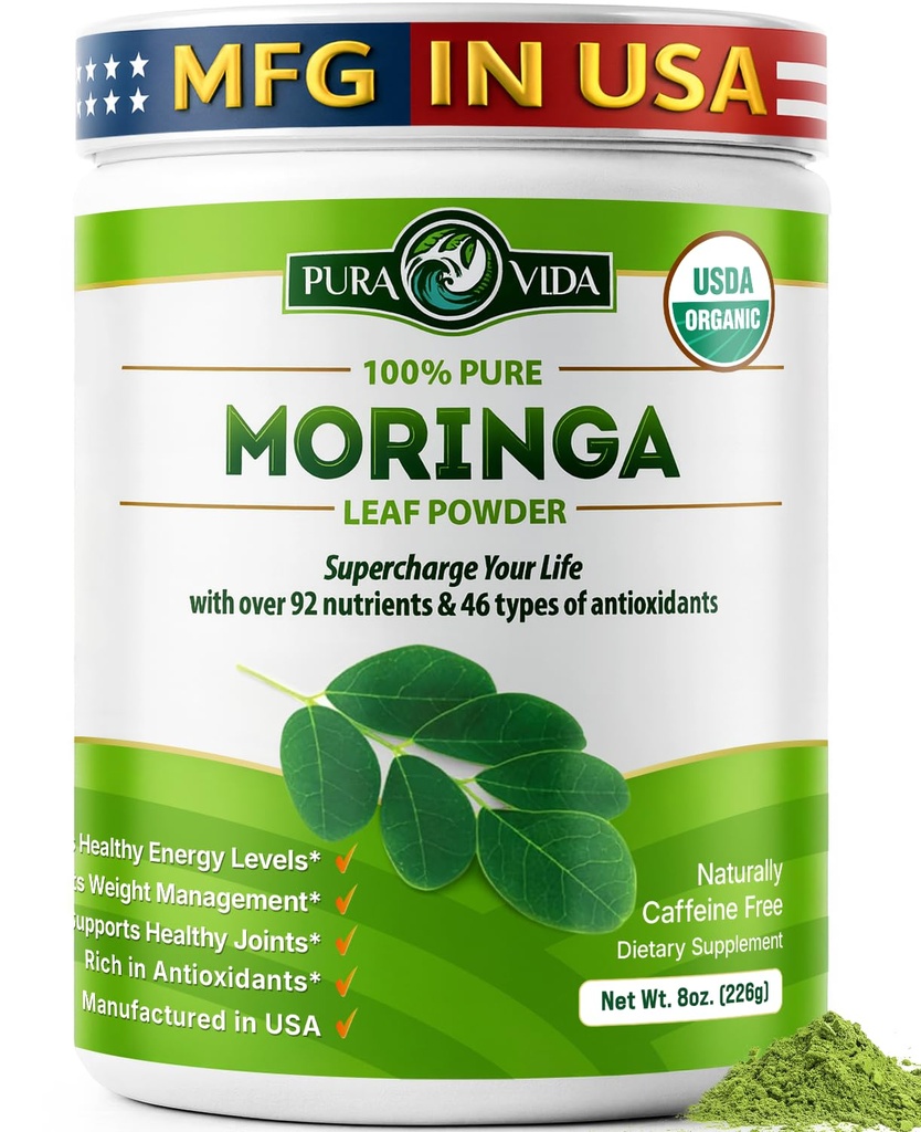 PURA VIDA MORINGA Powder Organic Single Origin - Premium 100% Leaf pulver, USDA Organic Moringa Oleifera, Moringa Leaf pulver - Perfekt til smoothies og oppskrifter. 8 oz.