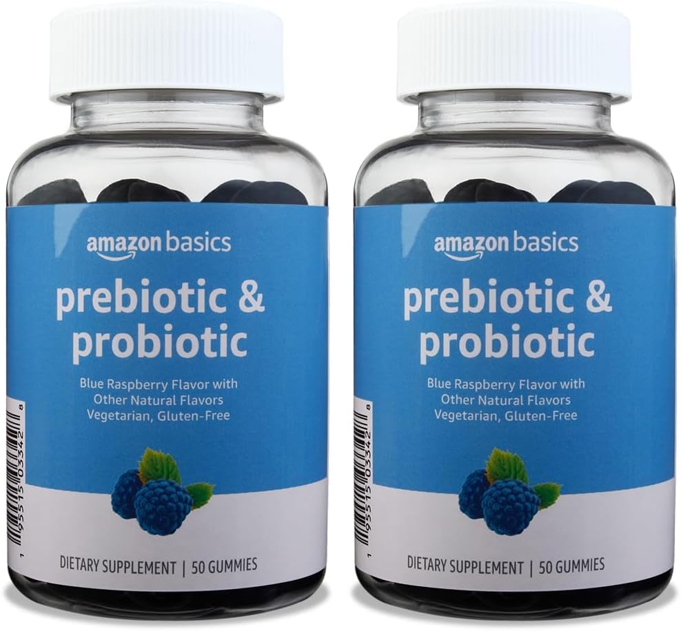 Basics Prebiotic & Probiotic Gummies, 2 milliarder CFU, Blå bringebær, 50 greve (2 per servering) (tidligere Solimo) (pakke med 2)