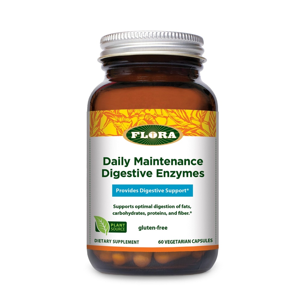 Flora Daglig vedlikehold Digestive Enzymer - Inneholder 7 Enzymer for Digestive Helse Support - Hjelper Gas & Bleating - Ikke-GMO & Glutenfri - 60 Vegetariske kapsler