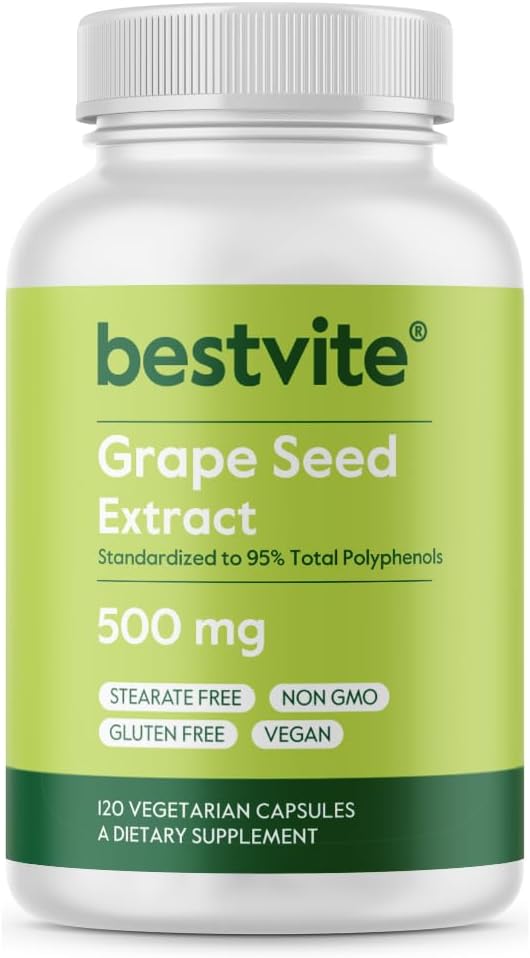 BESTVITE Grape Seed Extract 500mg (120 Vegetariske kapsler) - Ingen stearates - Standardisert til 95% Polyphenoler