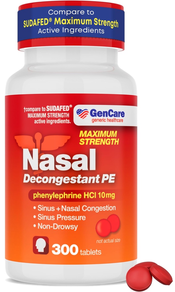 GenCare - Nasal Decongestant (10 mg tabletter) Phenylephrine HCl (300 tabletter per flaske)