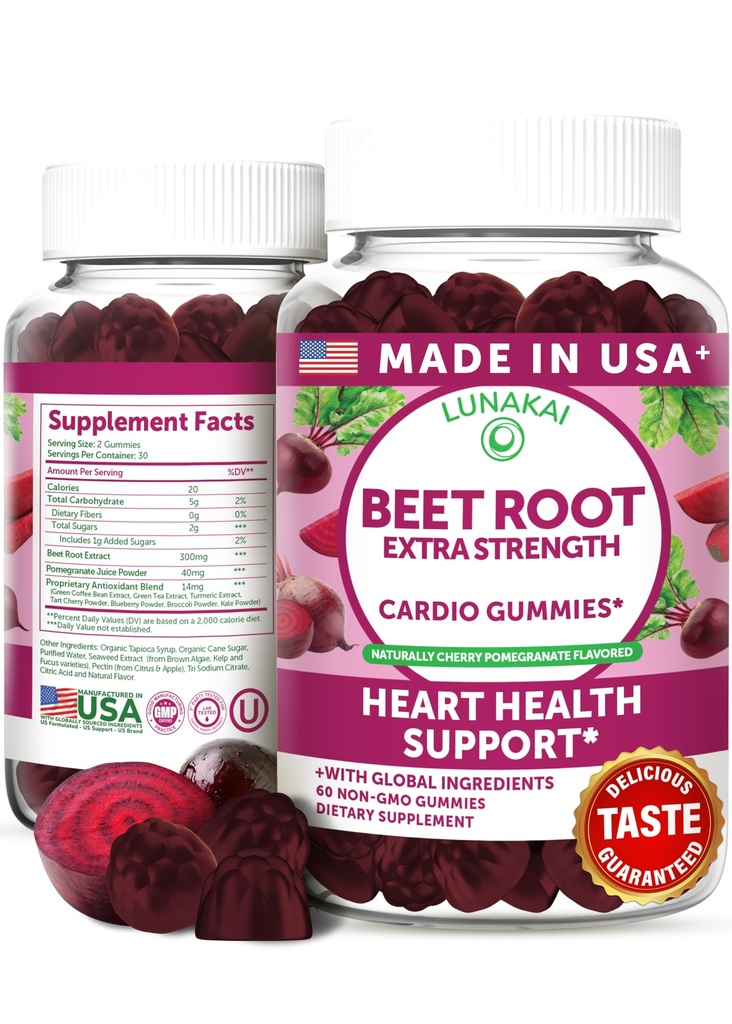 Lunakai USA Laget Beet Root Gummies med antioksidant blanding - Delicious Non-GMO Beet Chews, 60ct