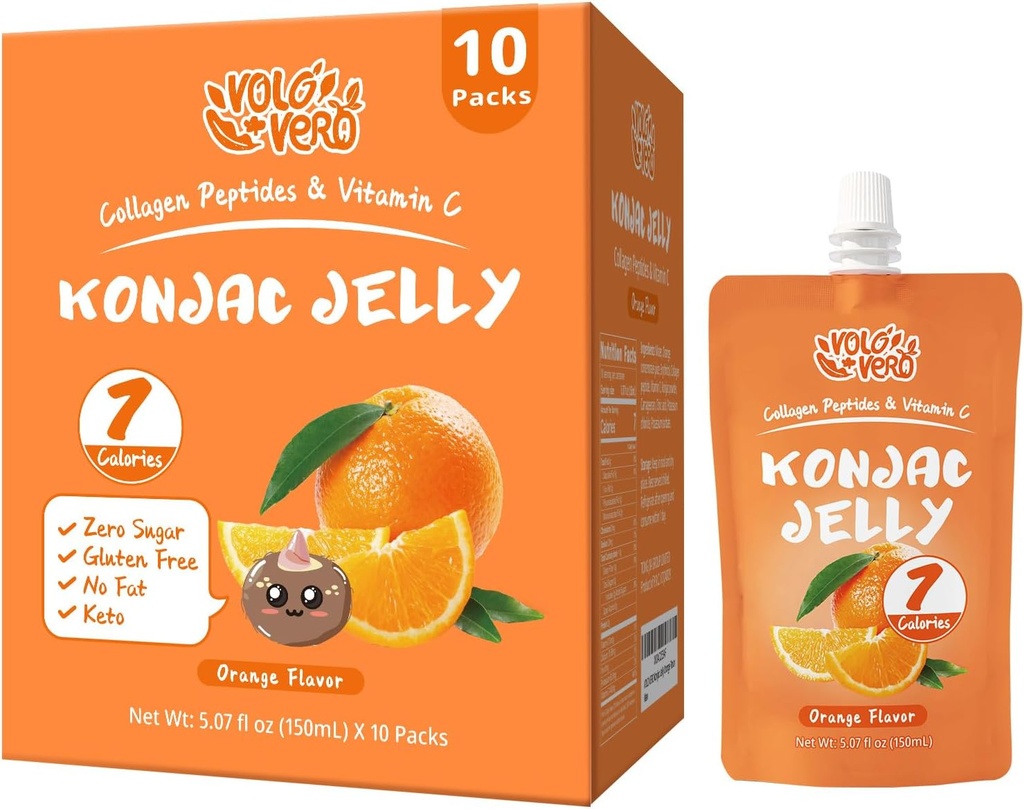 Konjac Jelly Pouch Drikkebar Orange Flavor, Lave Kalorier (7 Kcal), 10 Pakker, Glutenfri, Keto, Sukkerfri, Lav carb, Vitamin C Sunn Fruit Snacks, Ferie gave